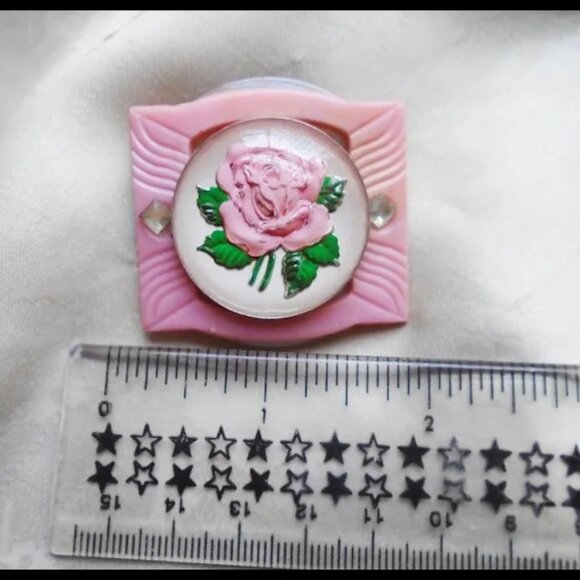Pink Rose Brooch With Vintage Goofus Glass Retro Romantic - Picture 3 of 12
